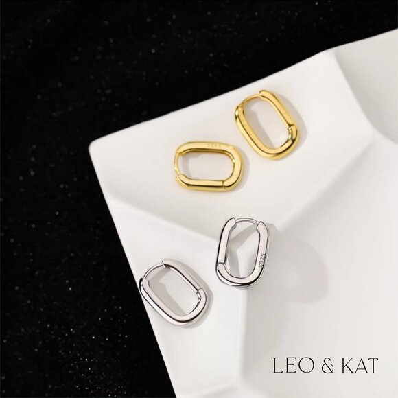 Rounded Rectangle Huggie Earrings in Gold & silver. 925 Sterling Silver #1068 - Picture 6 of 6